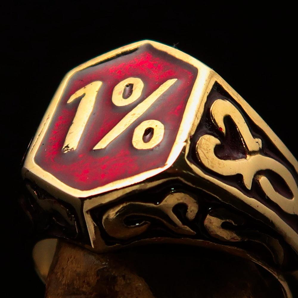 Men's Red Outlaw Biker Ring 1% made of solid brass with high polish and red enamel finish, showcasing its unique design and craftsmanship.