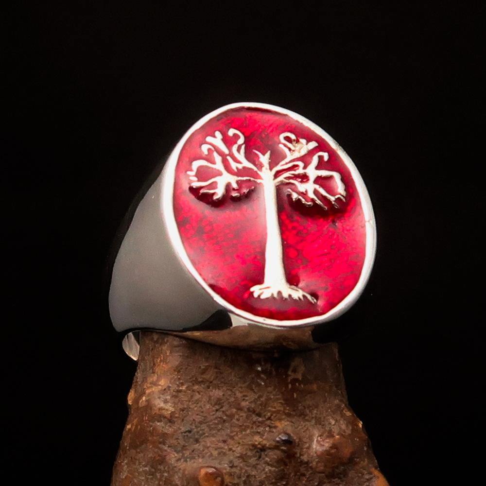 Men's red oval Tree of Life ring made of sterling silver with a polished finish and red enamel detailing.