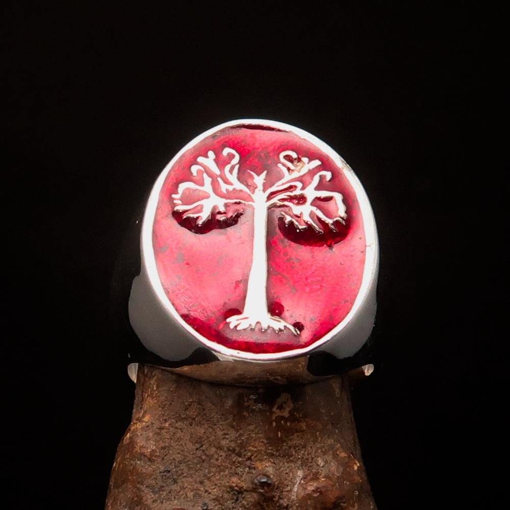 Men's red oval Tree of Life ring made of sterling silver with a polished finish and red enamel detailing.