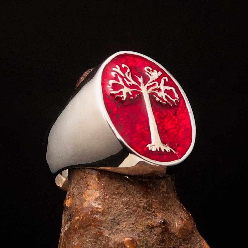 Men's red oval Tree of Life ring made of sterling silver with a polished finish and red enamel detailing.