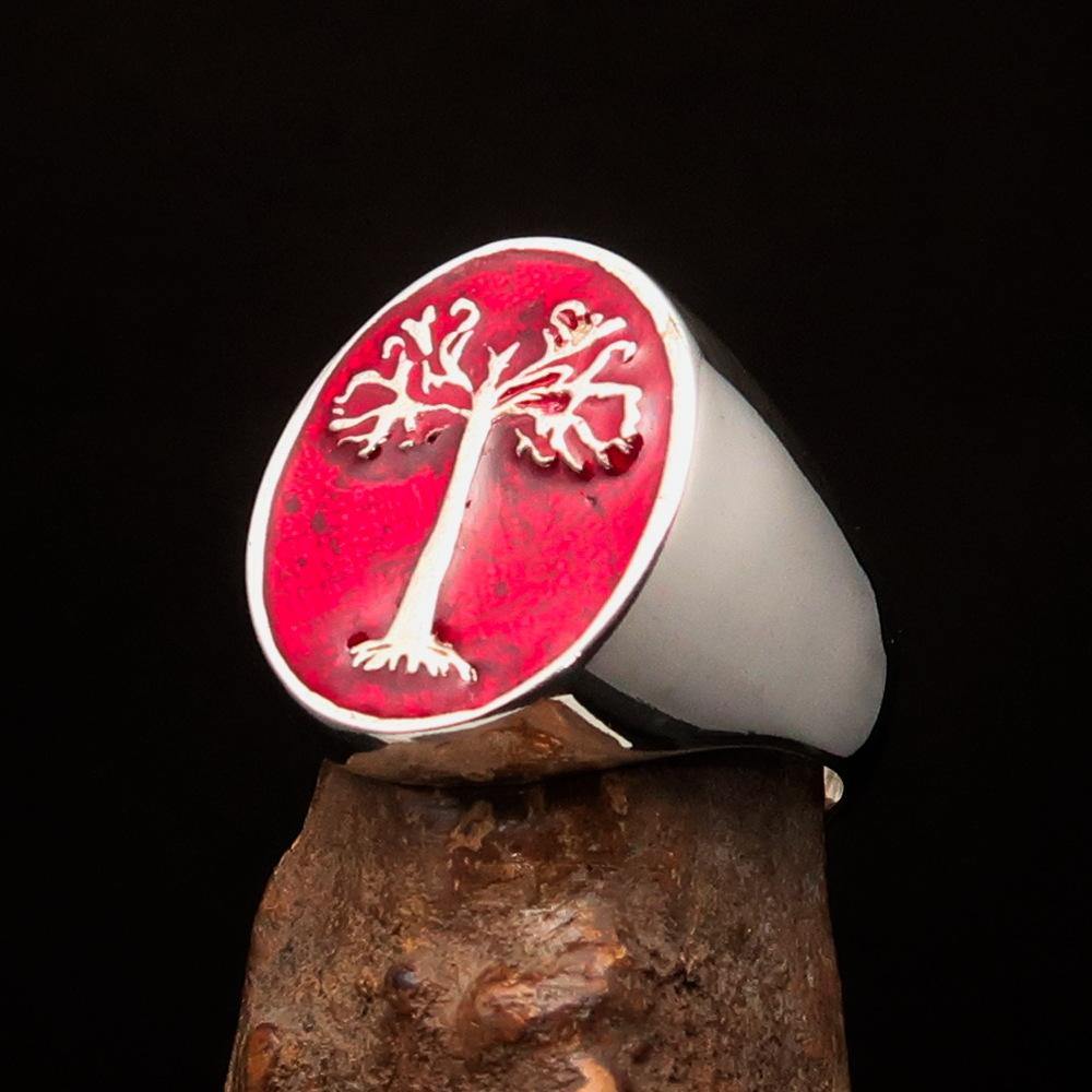 Men's red oval Tree of Life ring made of sterling silver with a polished finish and red enamel detailing.