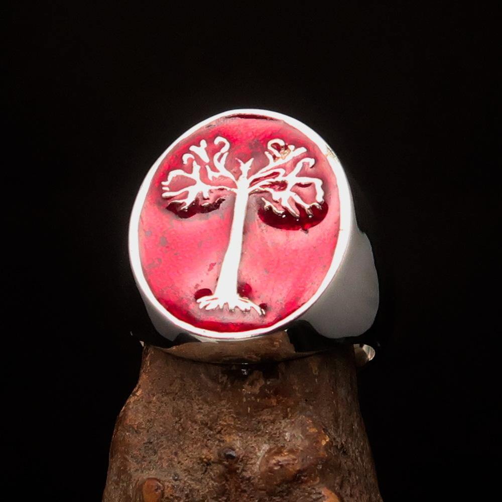 Men's red oval Tree of Life ring made of sterling silver with a polished finish and red enamel detailing.