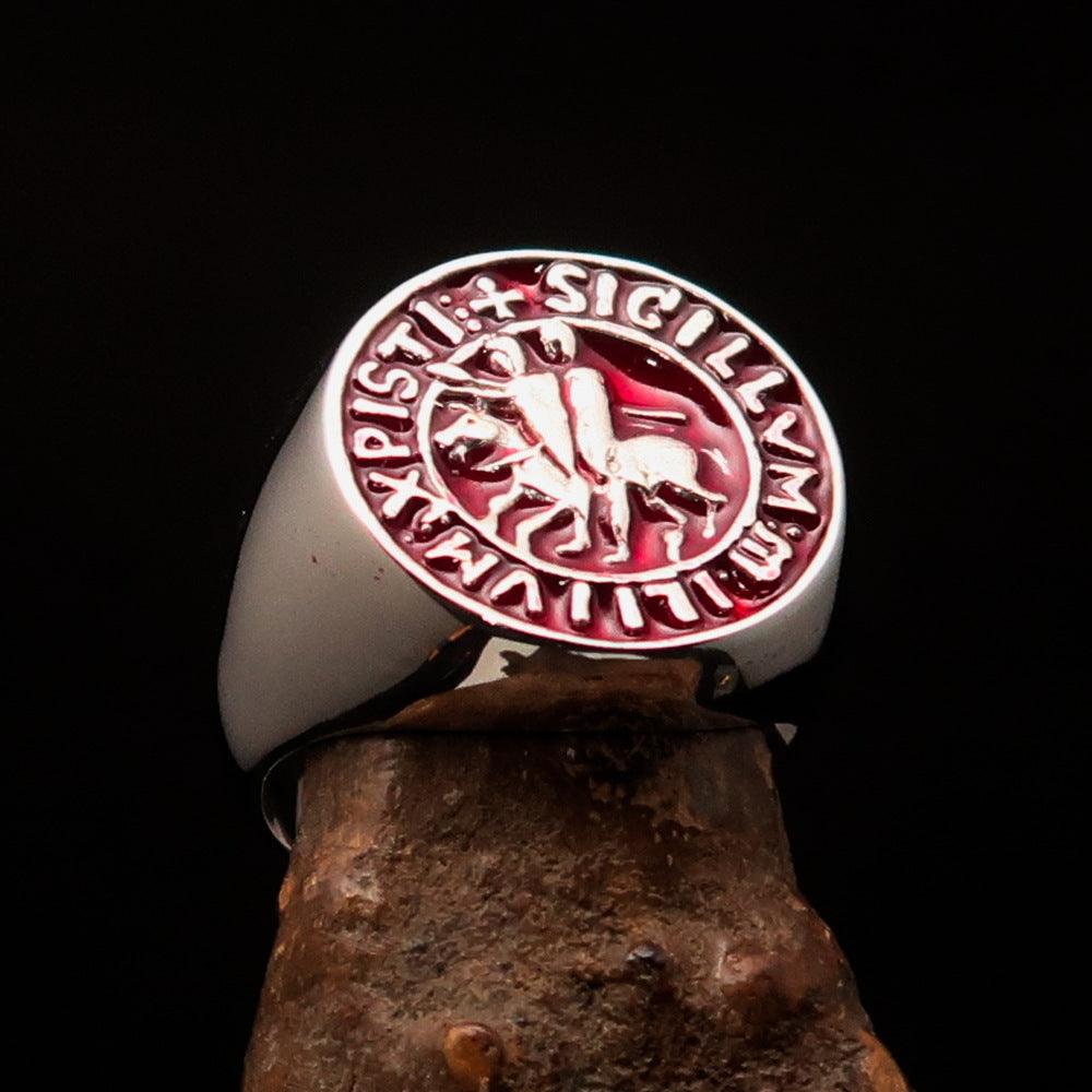 Men's red Templar Knight Seal Ring made of solid sterling silver with high polish and red enamel finish.