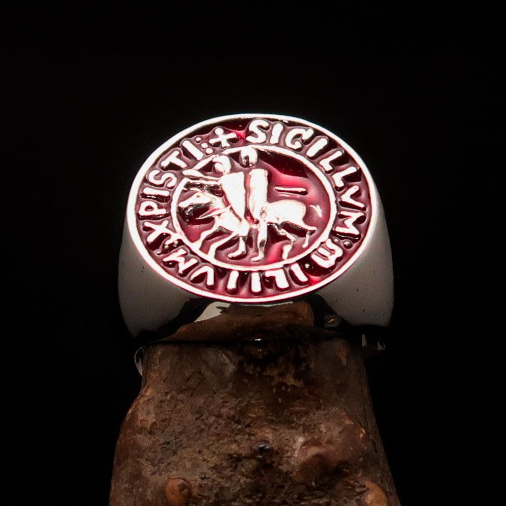 Men's red Templar Knight Seal Ring made of solid sterling silver with high polish and red enamel finish.