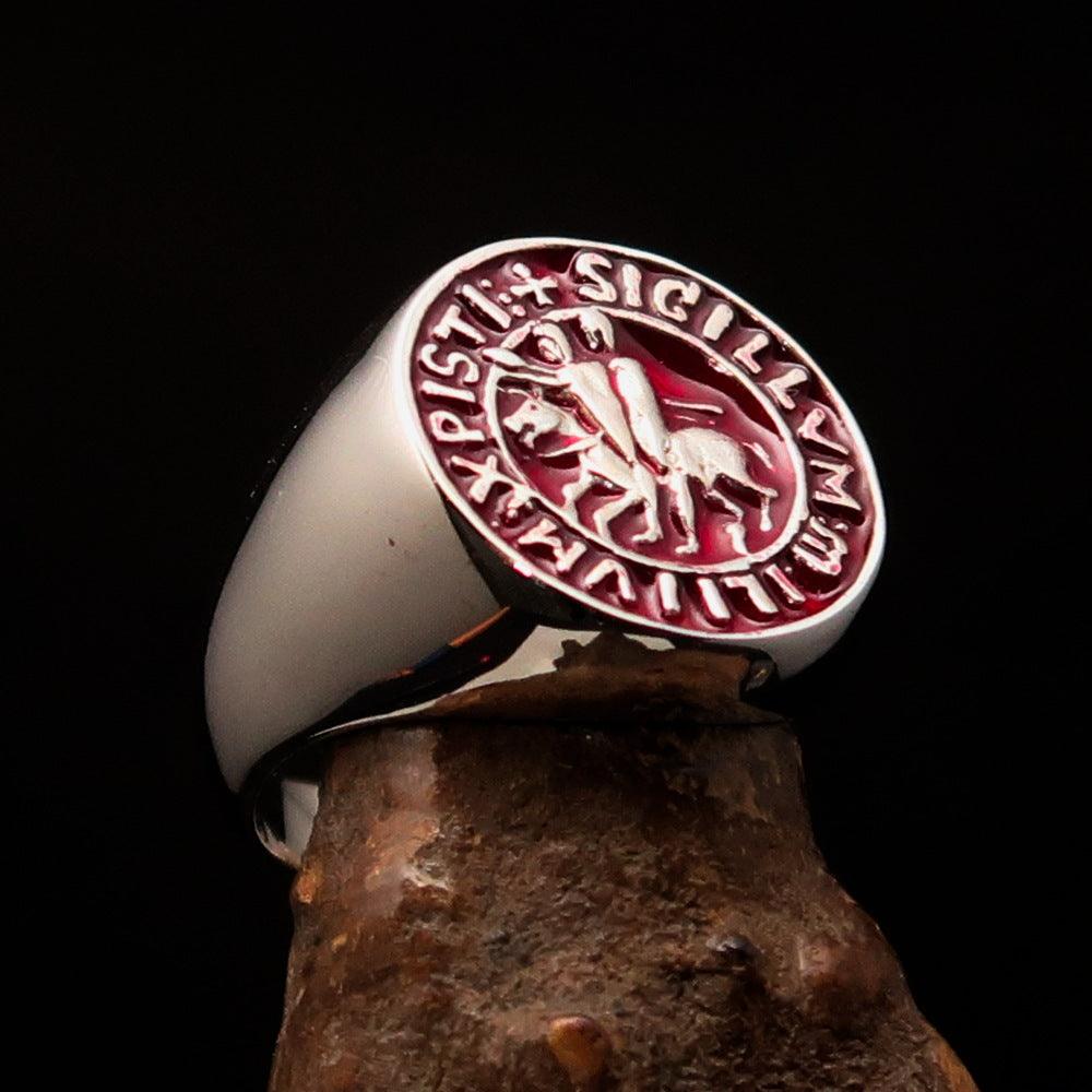 Men's red Templar Knight Seal Ring made of solid sterling silver with high polish and red enamel finish.