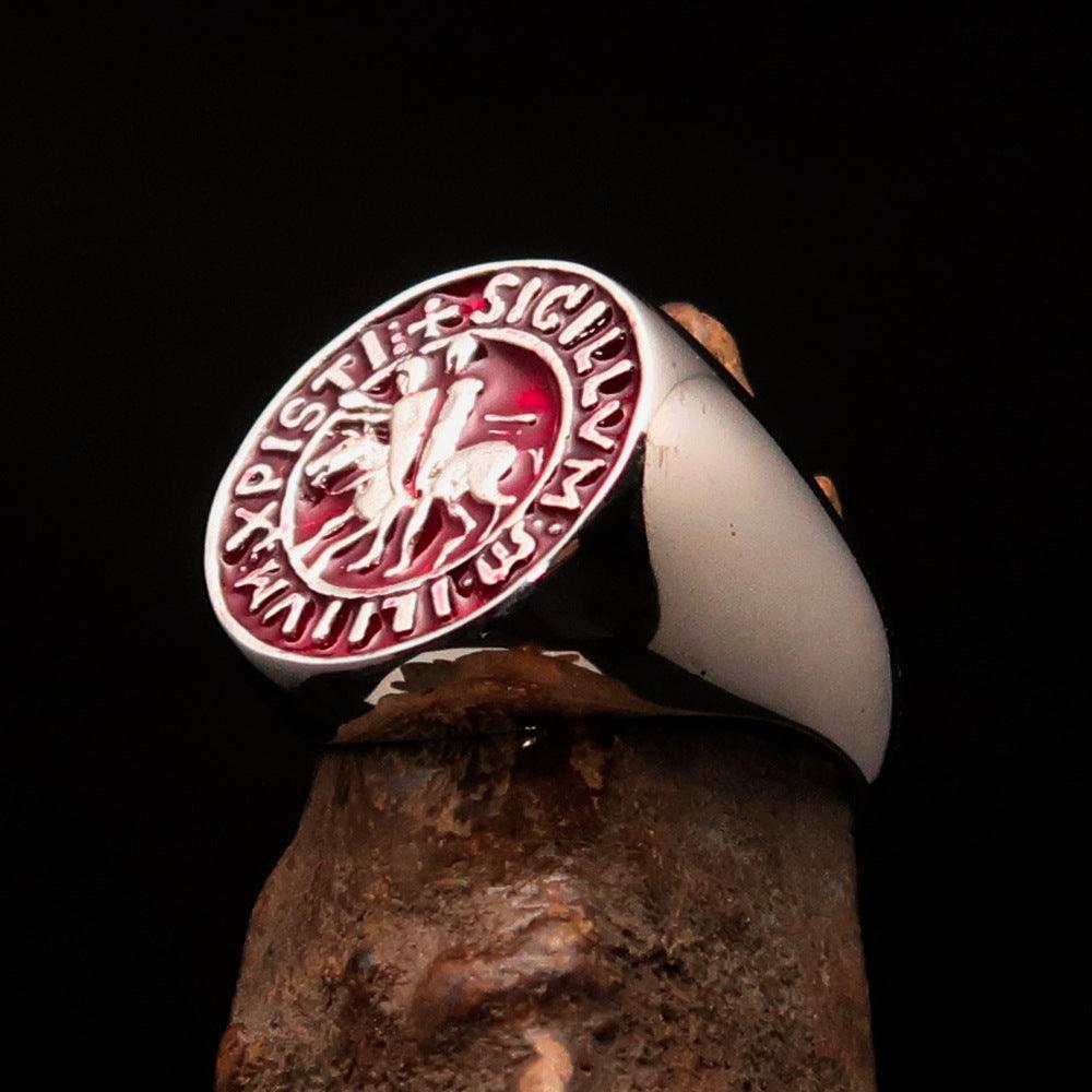 Men's red Templar Knight Seal Ring made of solid sterling silver with high polish and red enamel finish.