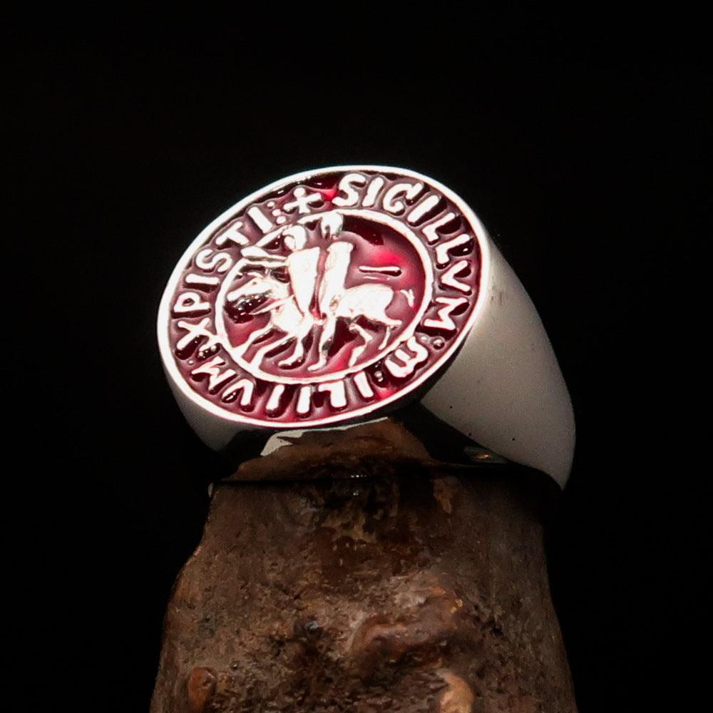 Men's red Templar Knight Seal Ring made of solid sterling silver with high polish and red enamel finish.