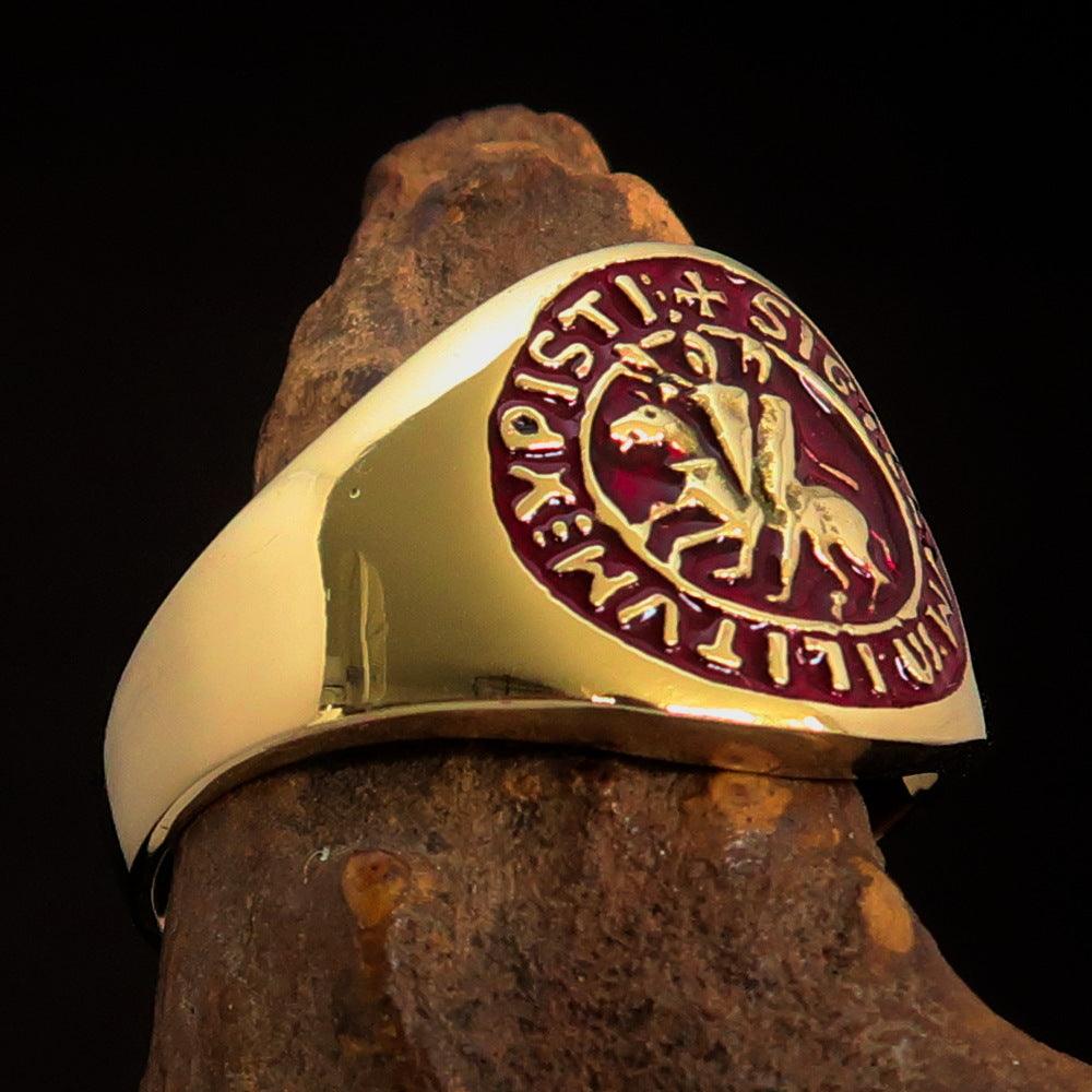 Men's red Templar Knights Seal Ring made of solid brass with high polish and red enamel finish, showcasing its intricate design.