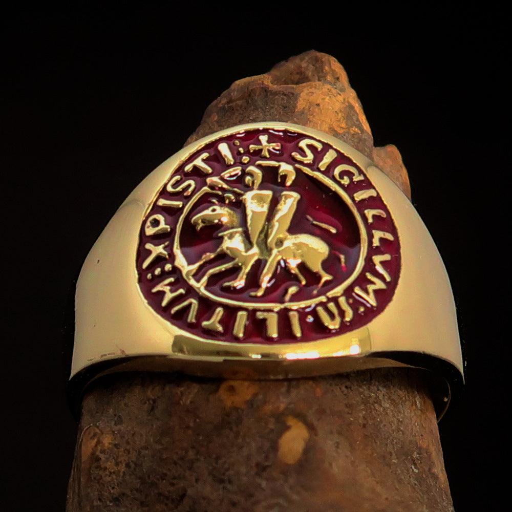 Men's red Templar Knights Seal Ring made of solid brass with high polish and red enamel finish, showcasing its intricate design.