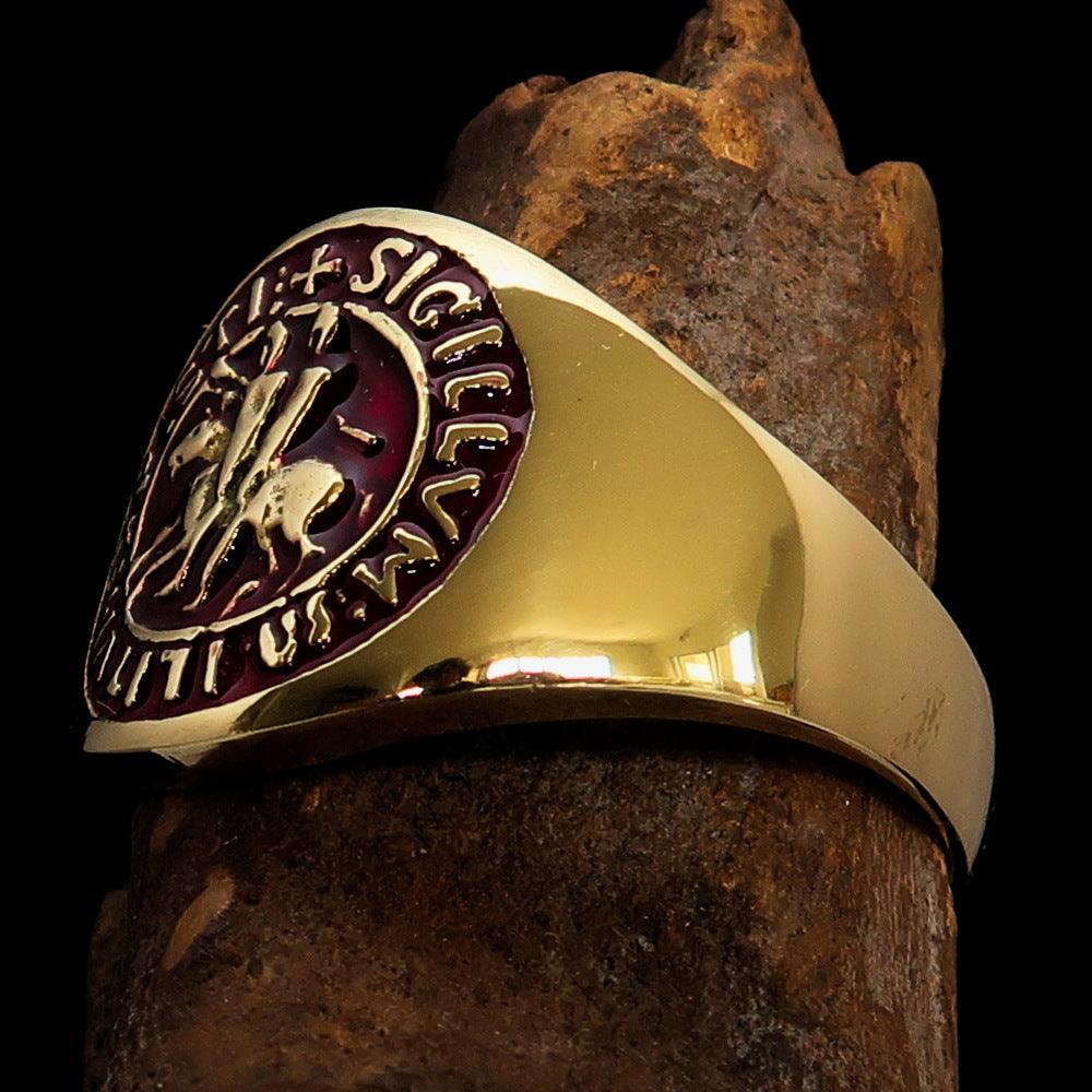 Men's red Templar Knights Seal Ring made of solid brass with high polish and red enamel finish, showcasing its intricate design.