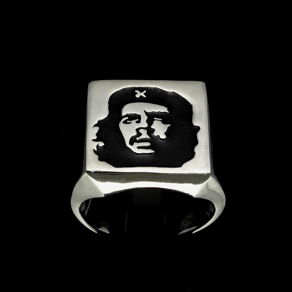 Men's Revolution Ring Black Socialist made of solid sterling silver with a high polish finish and black enamel detailing.