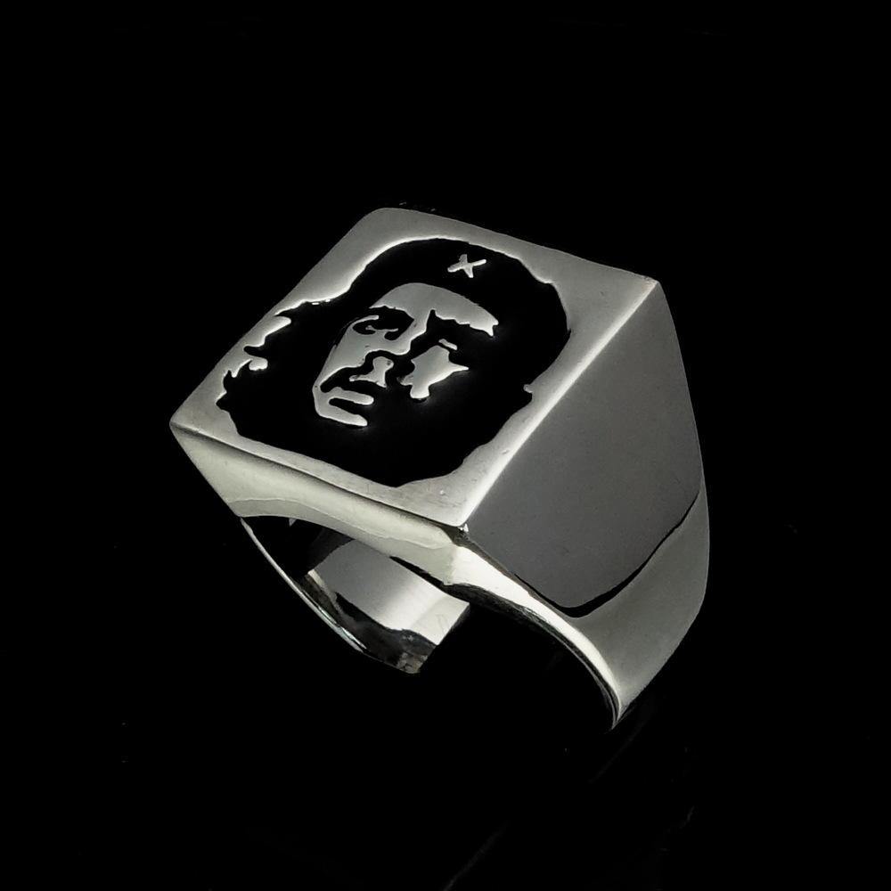 Men's Revolution Ring Black Socialist made of solid sterling silver with a high polish finish and black enamel detailing.