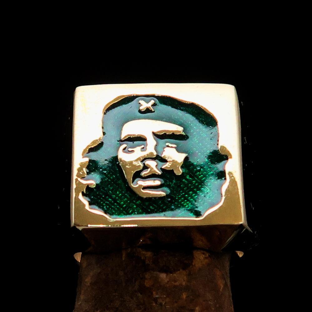 Men's Revolution Ring in Green Socialist, crafted from solid brass with a high polished finish and vibrant green enamel.