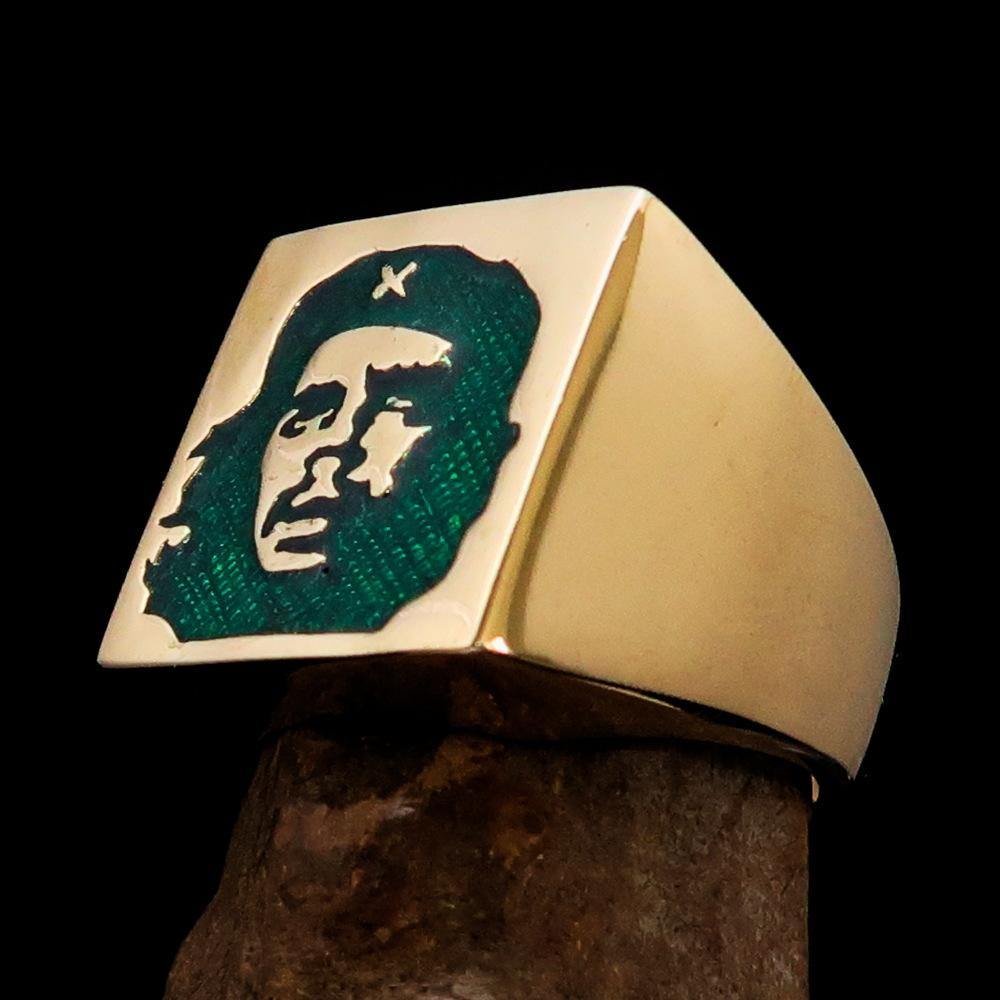 Men's Revolution Ring in Green Socialist, crafted from solid brass with a high polished finish and vibrant green enamel.