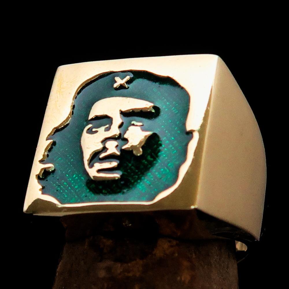 Men's Revolution Ring in Green Socialist, crafted from solid brass with a high polished finish and vibrant green enamel.