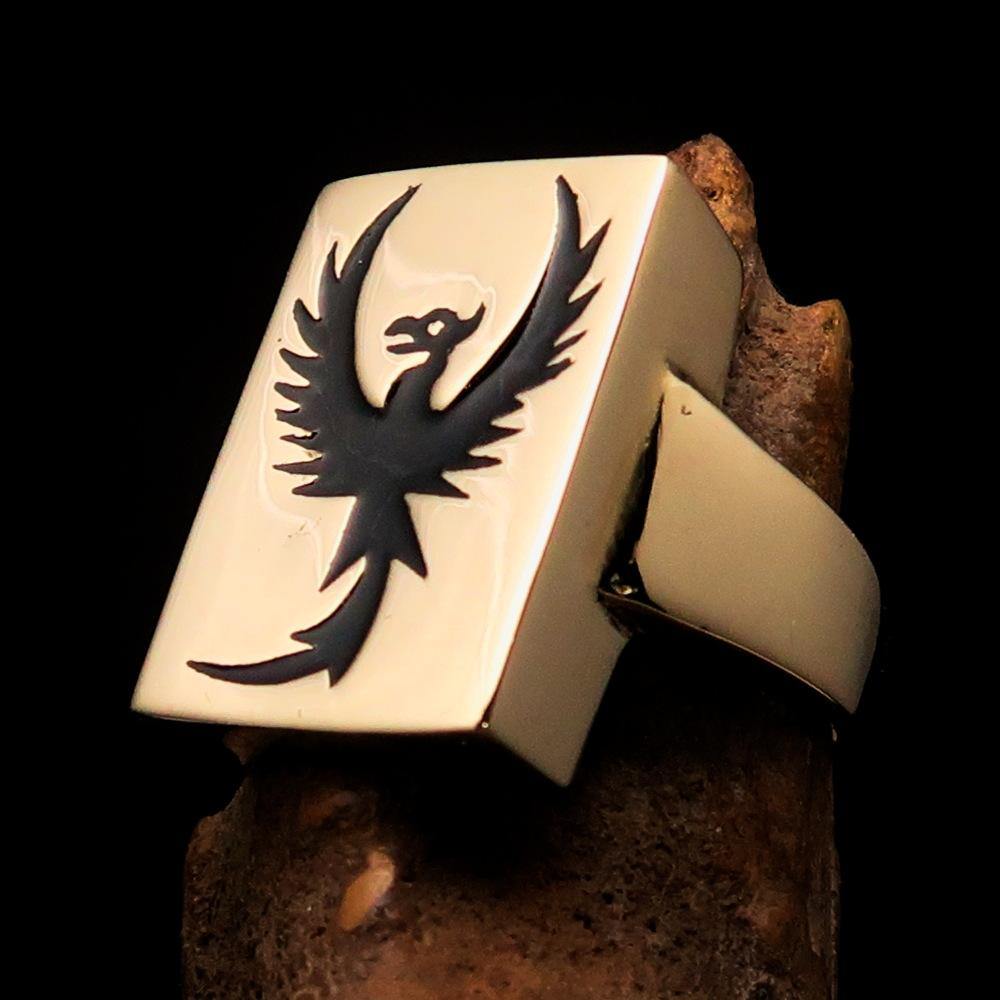 Excellent crafted Men's Ring featuring a black phoenix design, made of solid brass, showcasing intricate details and a polished finish.