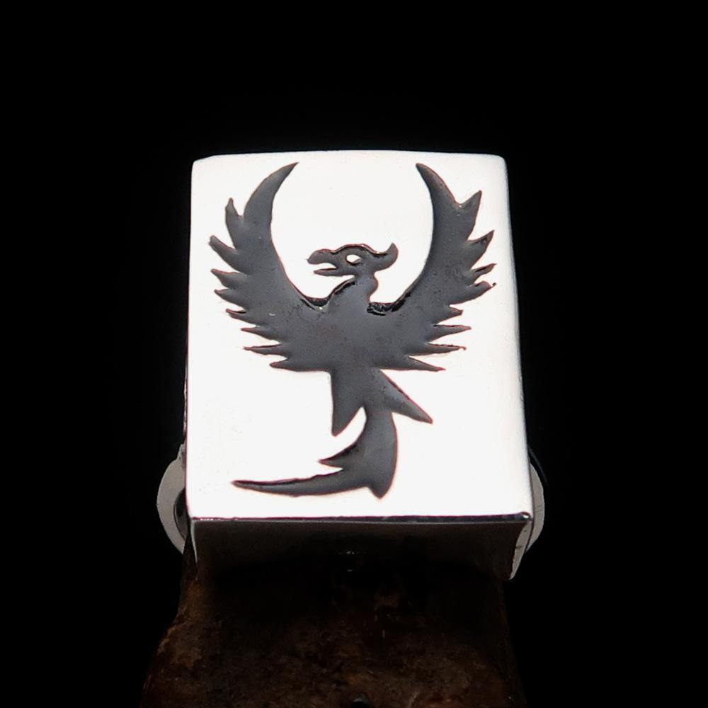 Excellent crafted Men's Ring featuring a black enamel phoenix design, made of solid sterling silver with a polished finish.