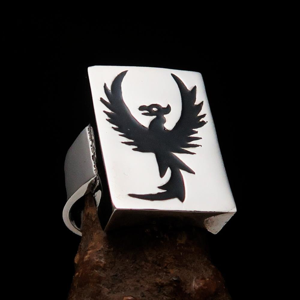 Excellent crafted Men's Ring featuring a black enamel phoenix design, made of solid sterling silver with a polished finish.