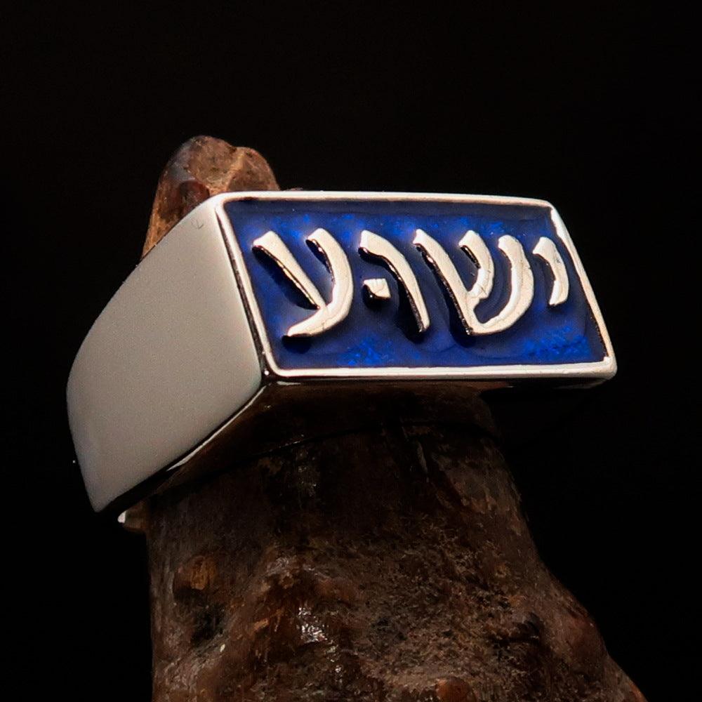 Men's sterling silver ring featuring Jesus in Hebrew design with blue enamel accents, showcasing high polish and RCRN logo.