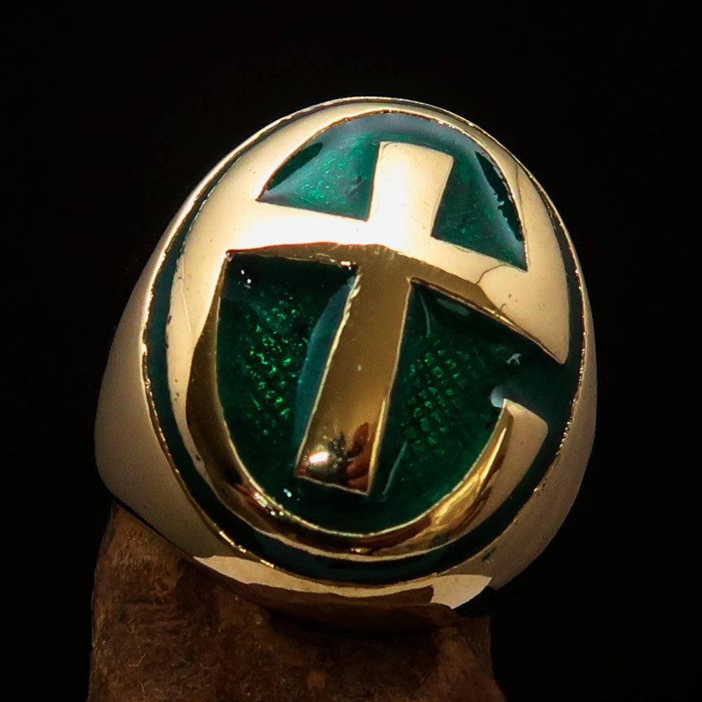 A high-polished solid brass Men's Ring featuring a modern green Christian Cross design, showcasing its elegant craftsmanship.