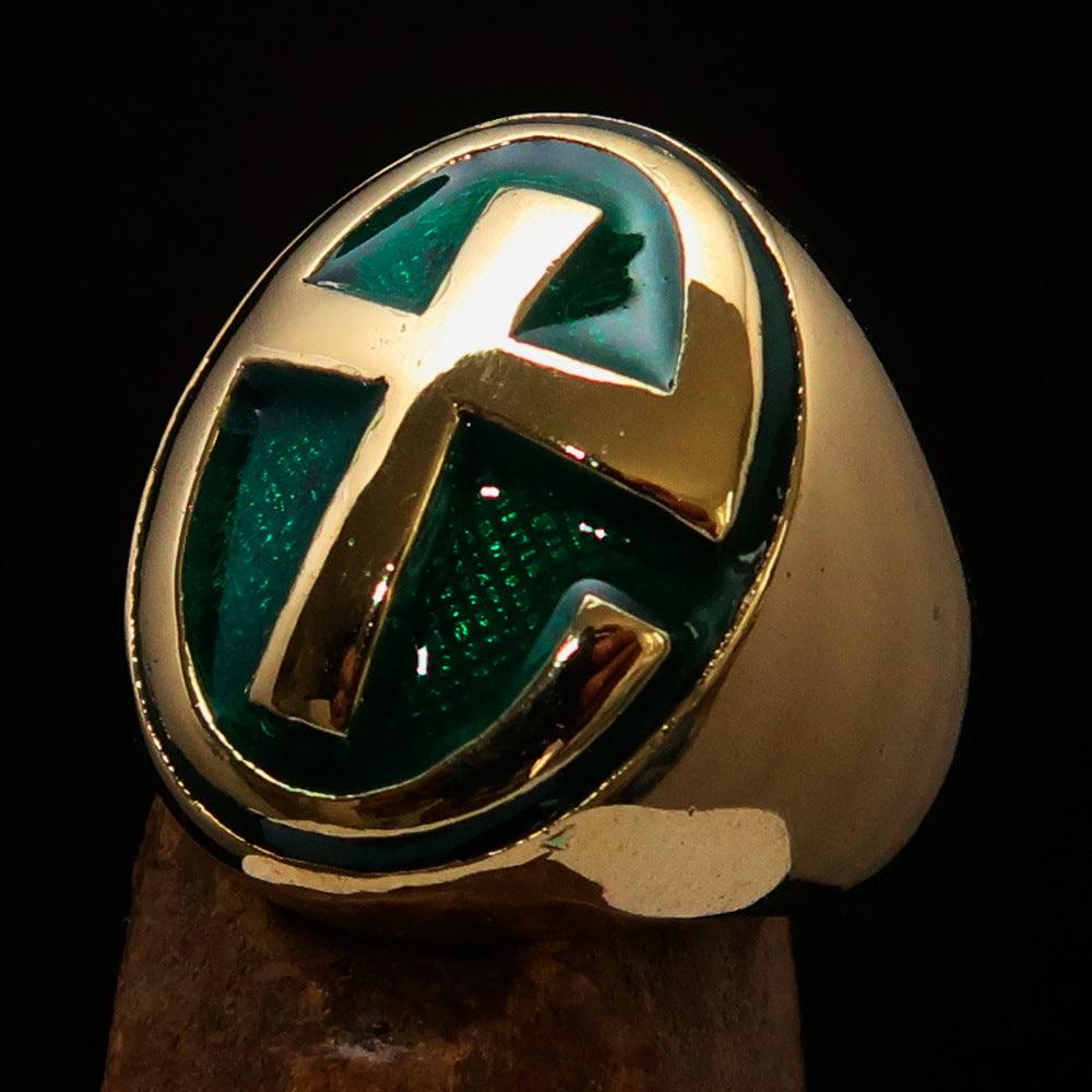 A high-polished solid brass Men's Ring featuring a modern green Christian Cross design, showcasing its elegant craftsmanship.