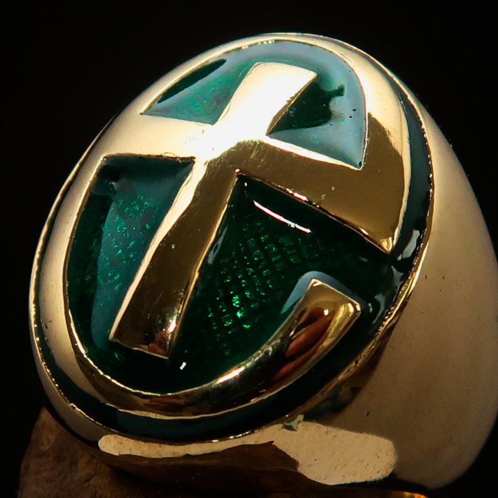 A high-polished solid brass Men's Ring featuring a modern green Christian Cross design, showcasing its elegant craftsmanship.