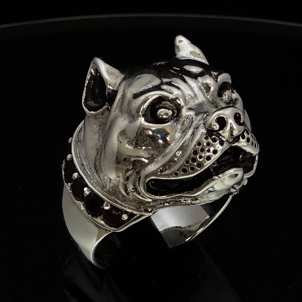 Men's Sterling Silver ring featuring a detailed Pitbull design with a Garnet collar, showcasing craftsmanship and elegance.