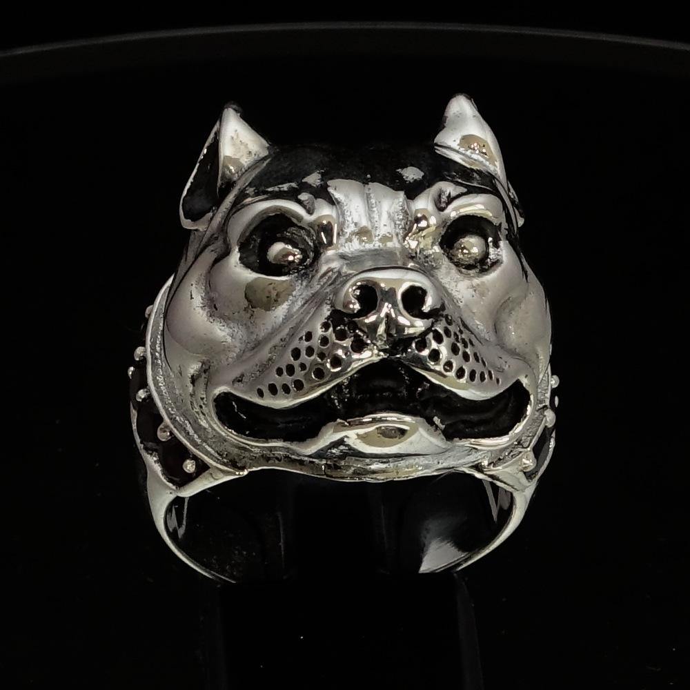 Men's Sterling Silver ring featuring a detailed Pitbull design with a Garnet collar, showcasing craftsmanship and elegance.