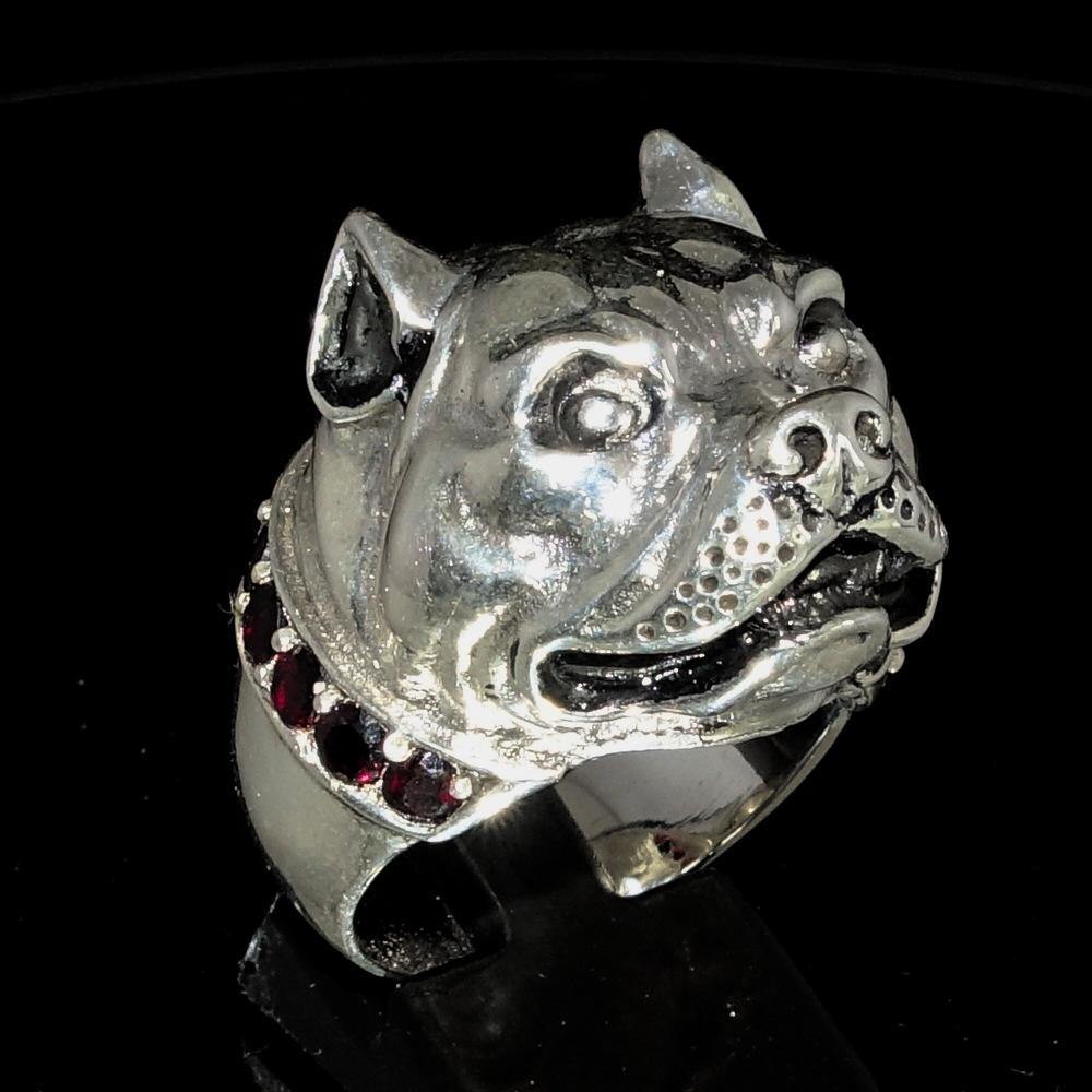 Men's Sterling Silver ring featuring a detailed Pitbull design with a Garnet collar, showcasing craftsmanship and elegance.