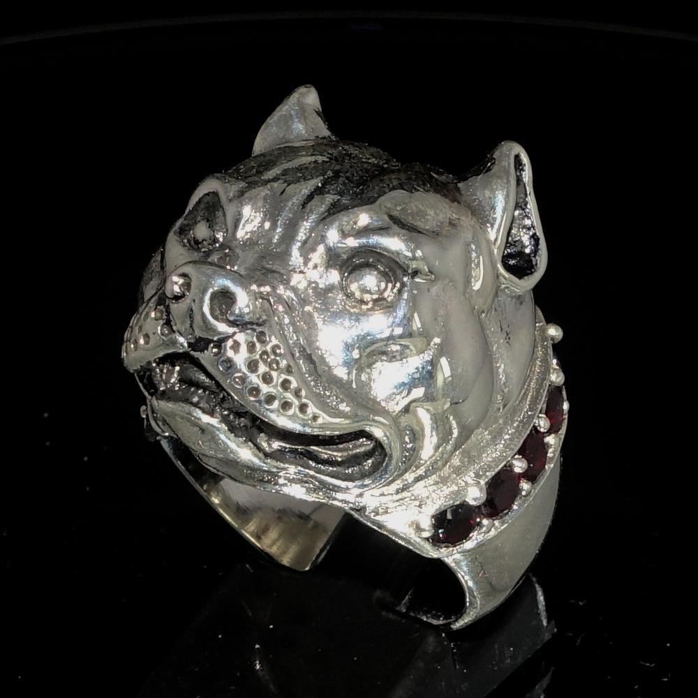 Men's Sterling Silver ring featuring a detailed Pitbull design with a Garnet collar, showcasing craftsmanship and elegance.