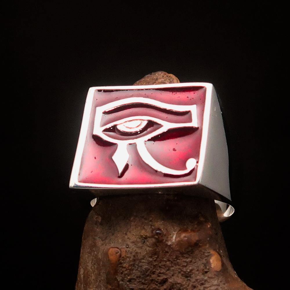 Men's sterling silver ring featuring the red All Seeing Eye of Ra, high polished with enamel finish.