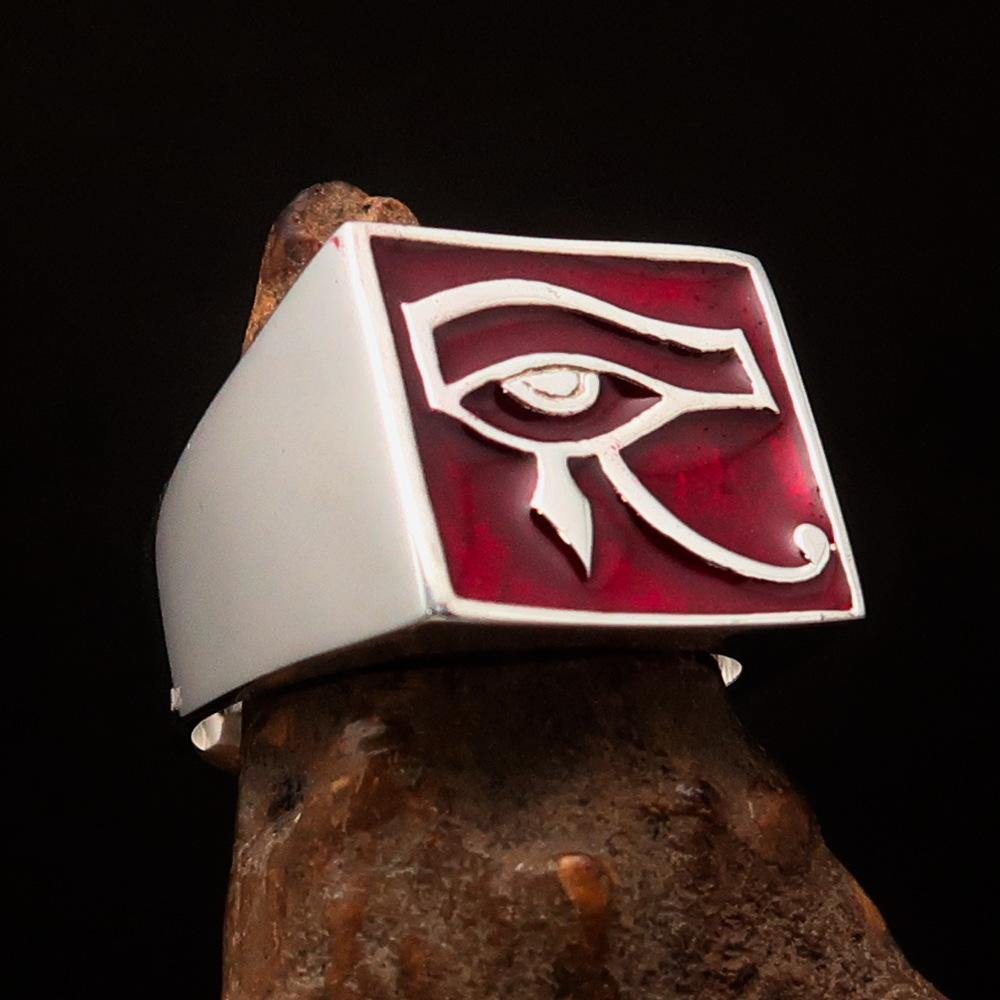 Men's sterling silver ring featuring the red All Seeing Eye of Ra, high polished with enamel finish.