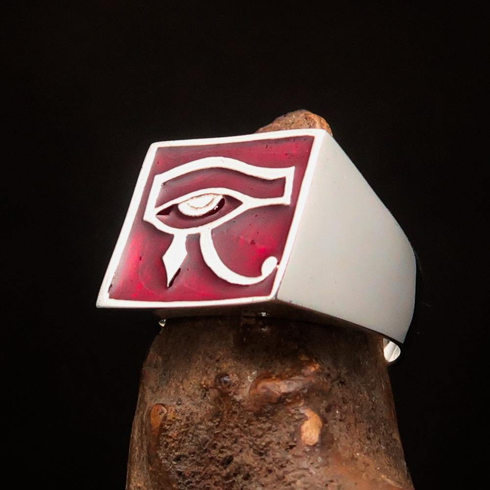 Men's sterling silver ring featuring the red All Seeing Eye of Ra, high polished with enamel finish.