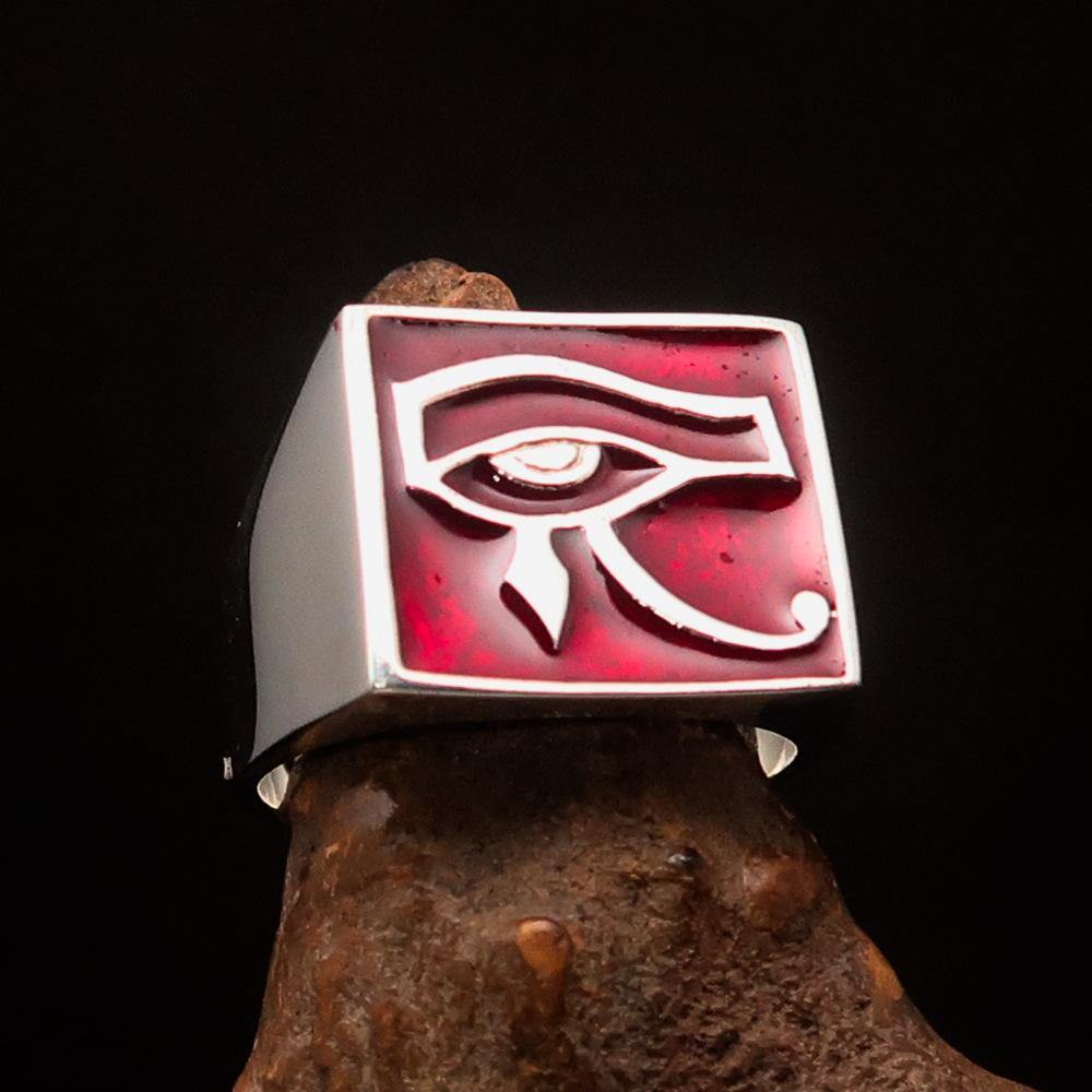 Men's sterling silver ring featuring the red All Seeing Eye of Ra, high polished with enamel finish.