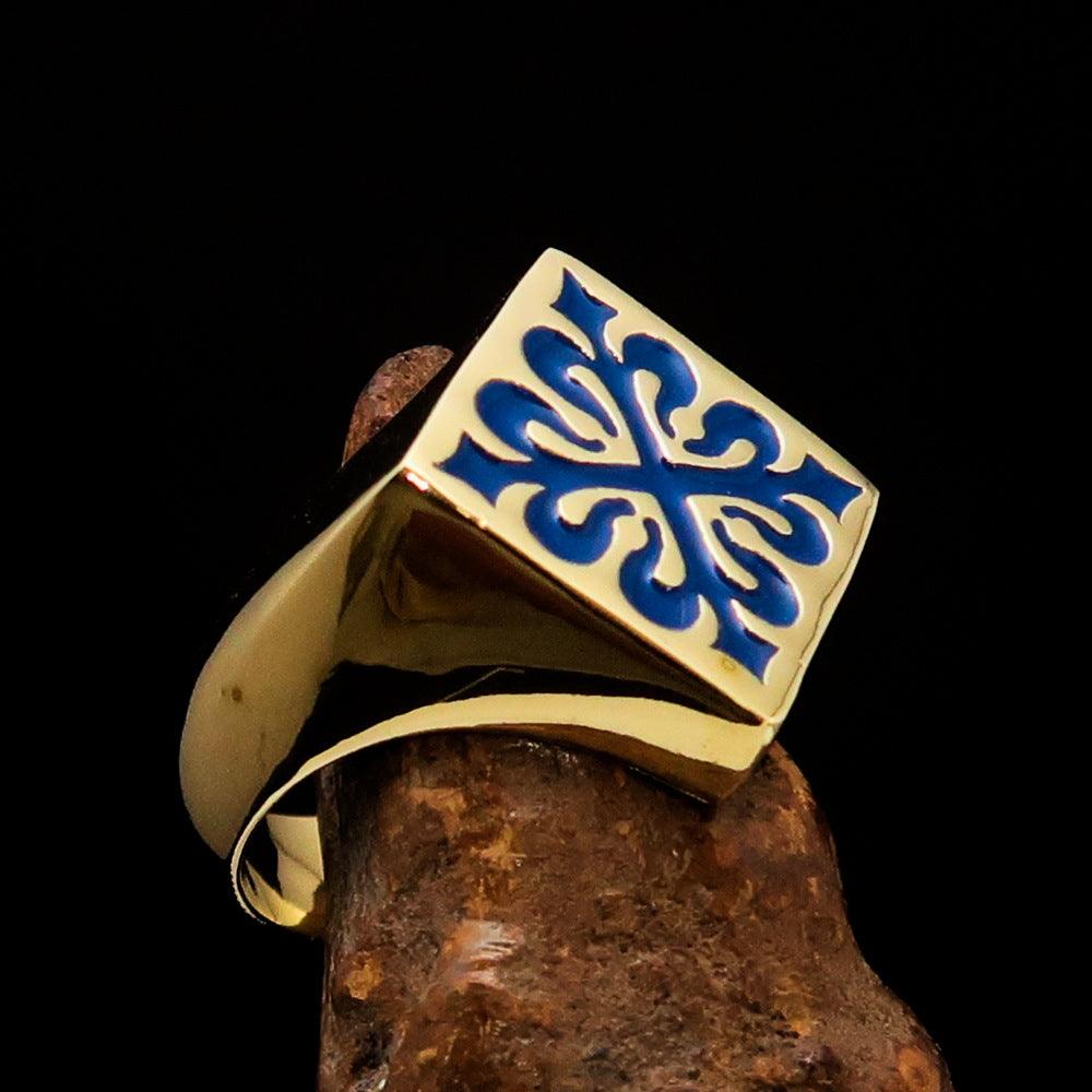 Men's Royal Blue Fleur de Lis Cross Ring made of solid brass with a high-polished finish and blue enamel detailing.