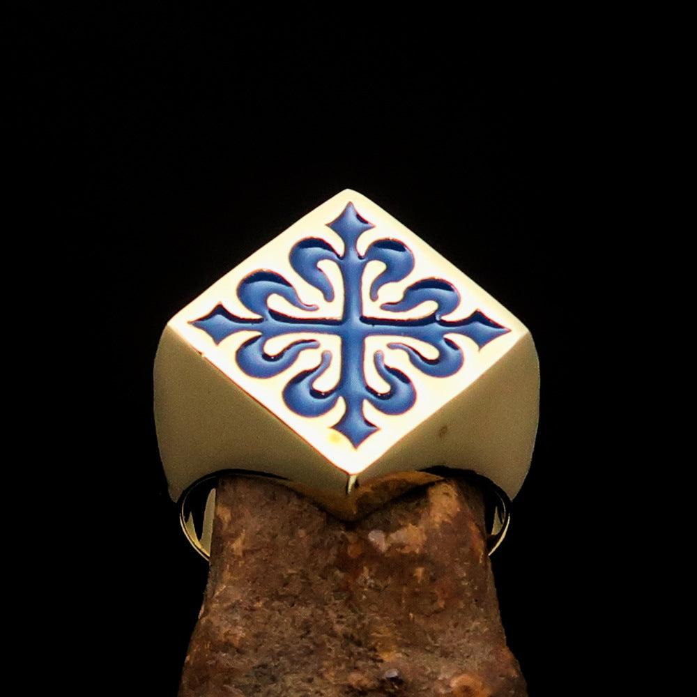 Men's Royal Blue Fleur de Lis Cross Ring made of solid brass with a high-polished finish and blue enamel detailing.