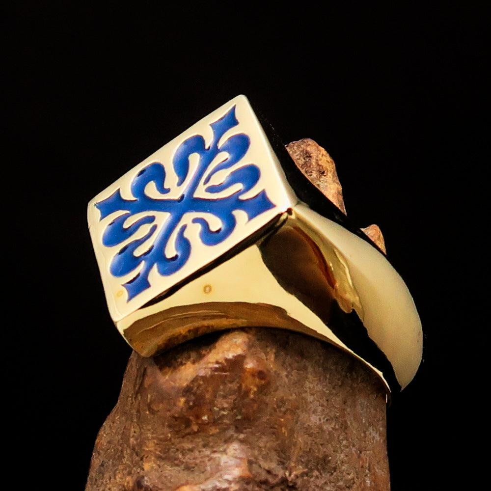 Men's Royal Blue Fleur de Lis Cross Ring made of solid brass with a high-polished finish and blue enamel detailing.