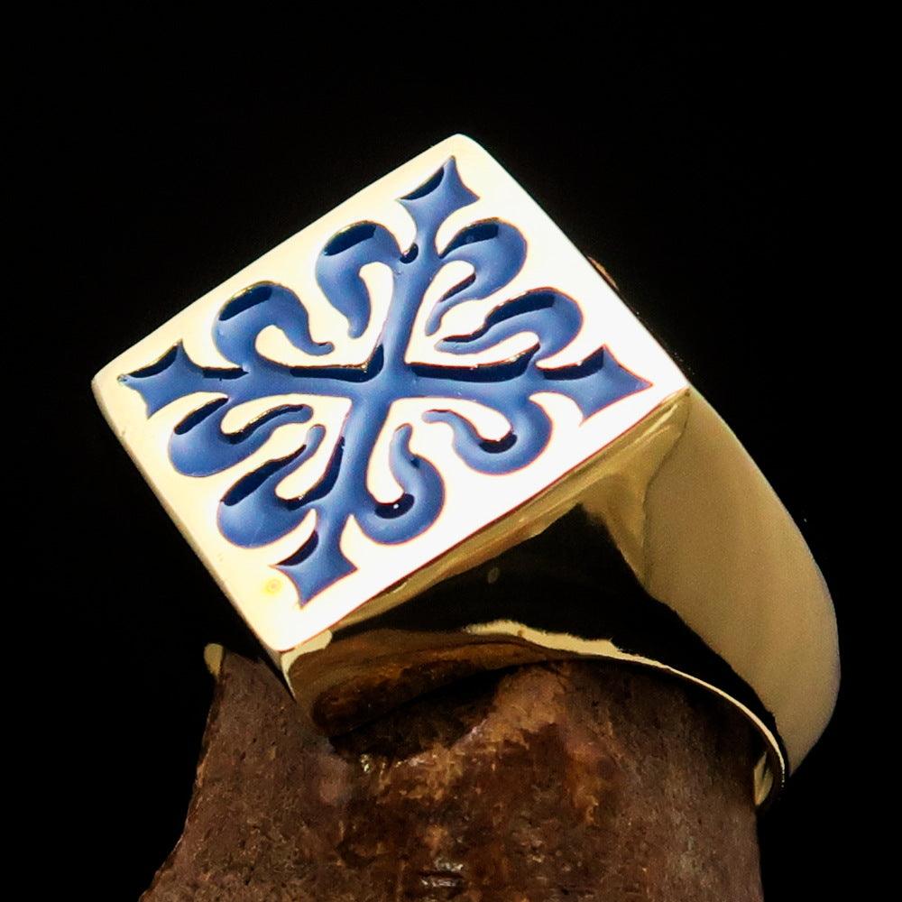 Men's Royal Blue Fleur de Lis Cross Ring made of solid brass with a high-polished finish and blue enamel detailing.