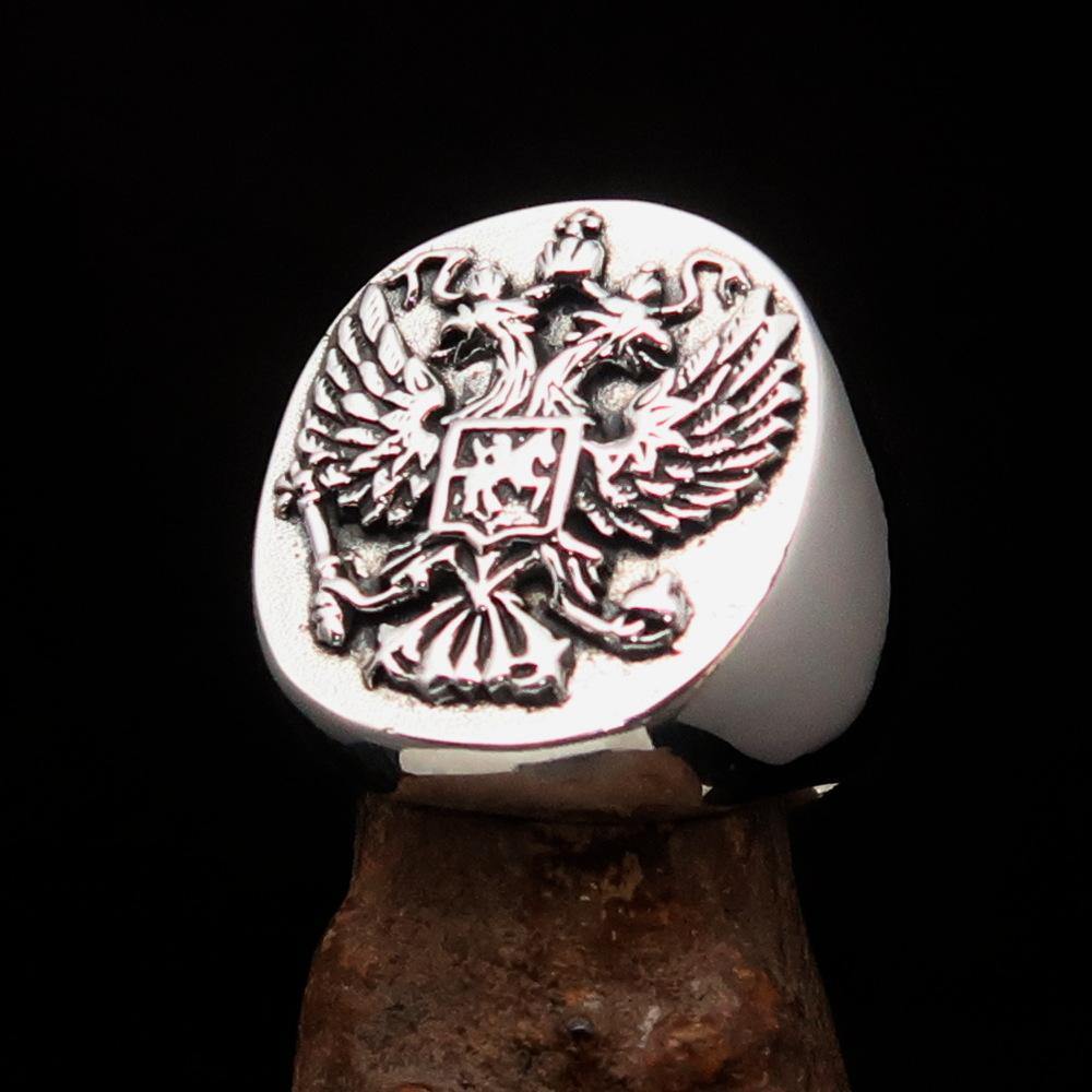 Men's Russian Eagle Seal Ring made of sterling silver with intricate eagle design and polished finish.