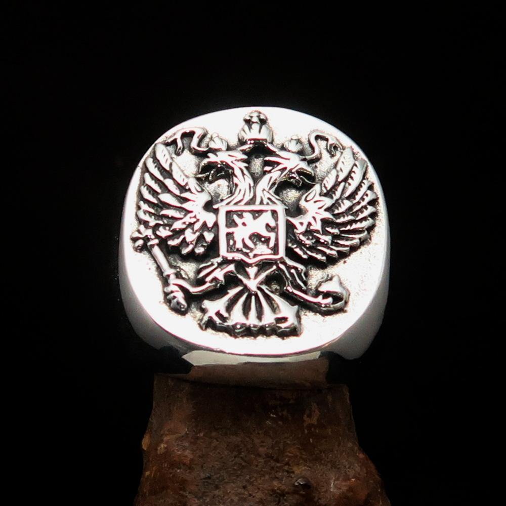 Men's Russian Eagle Seal Ring made of sterling silver with intricate eagle design and polished finish.