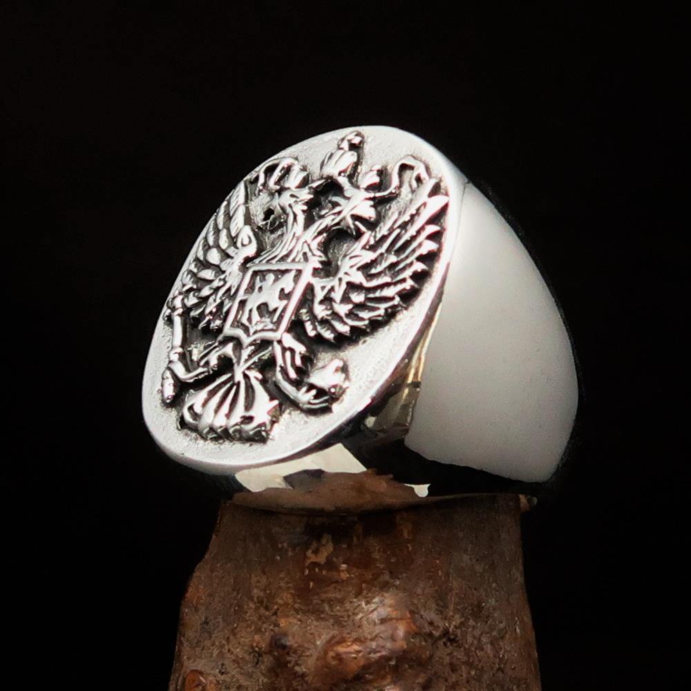 Men's Russian Eagle Seal Ring made of sterling silver with intricate eagle design and polished finish.