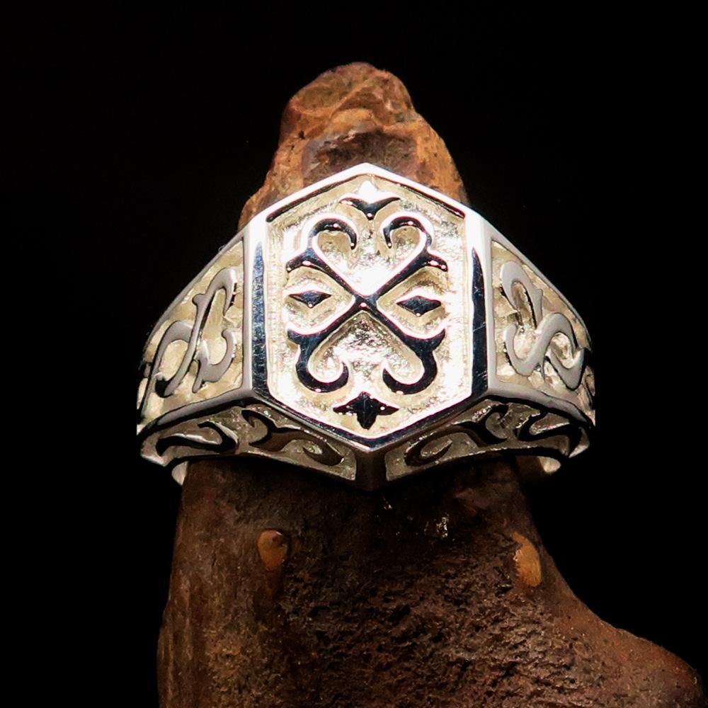 Men's Signet Ring in sterling silver featuring a shiny Oriental Cross design, hallmarked 925, with a mirror polished finish.