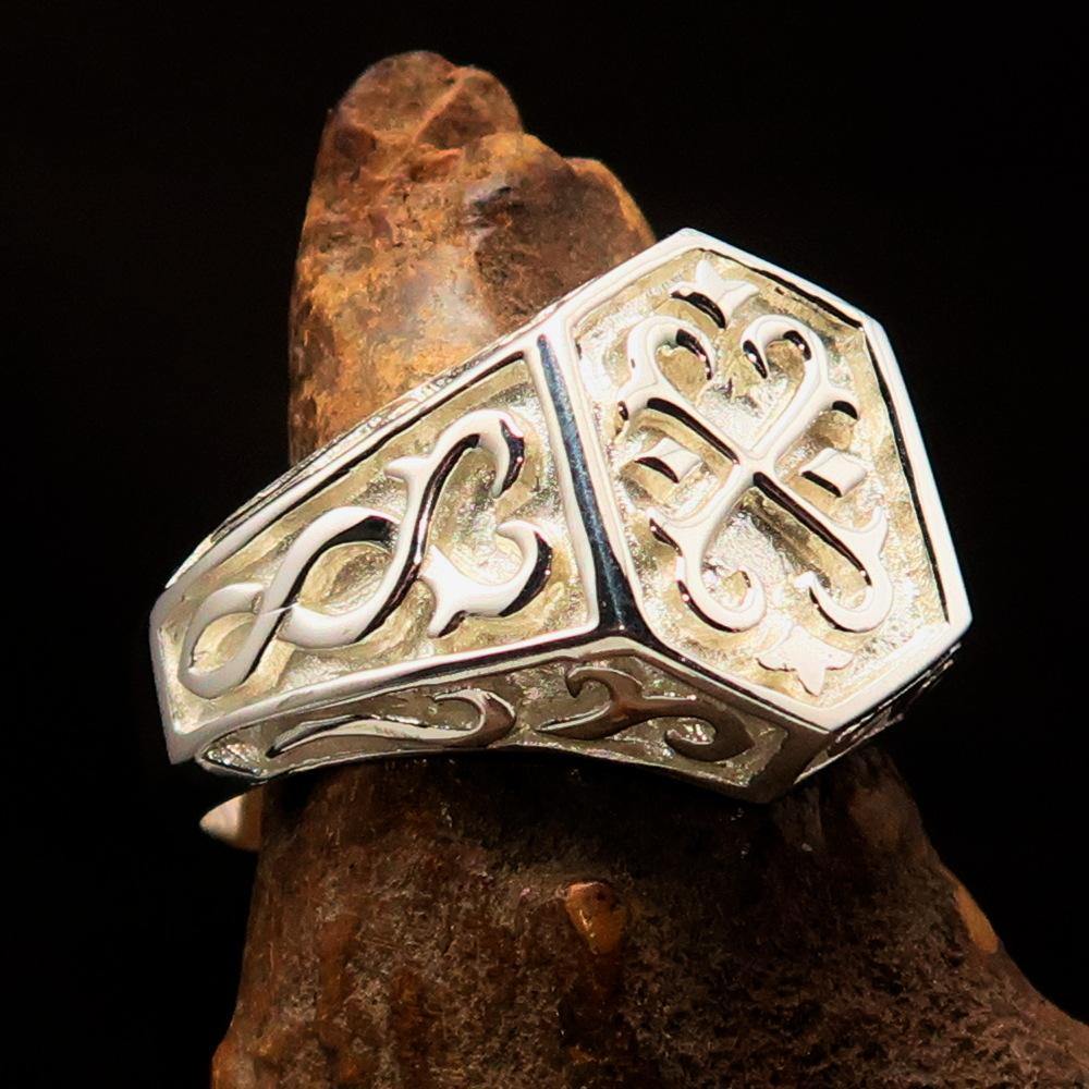 Men's Signet Ring in sterling silver featuring a shiny Oriental Cross design, hallmarked 925, with a mirror polished finish.