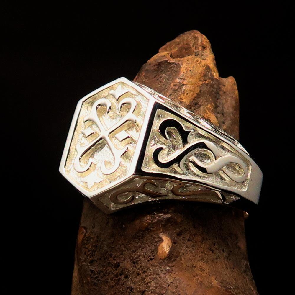 Men's Signet Ring in sterling silver featuring a shiny Oriental Cross design, hallmarked 925, with a mirror polished finish.