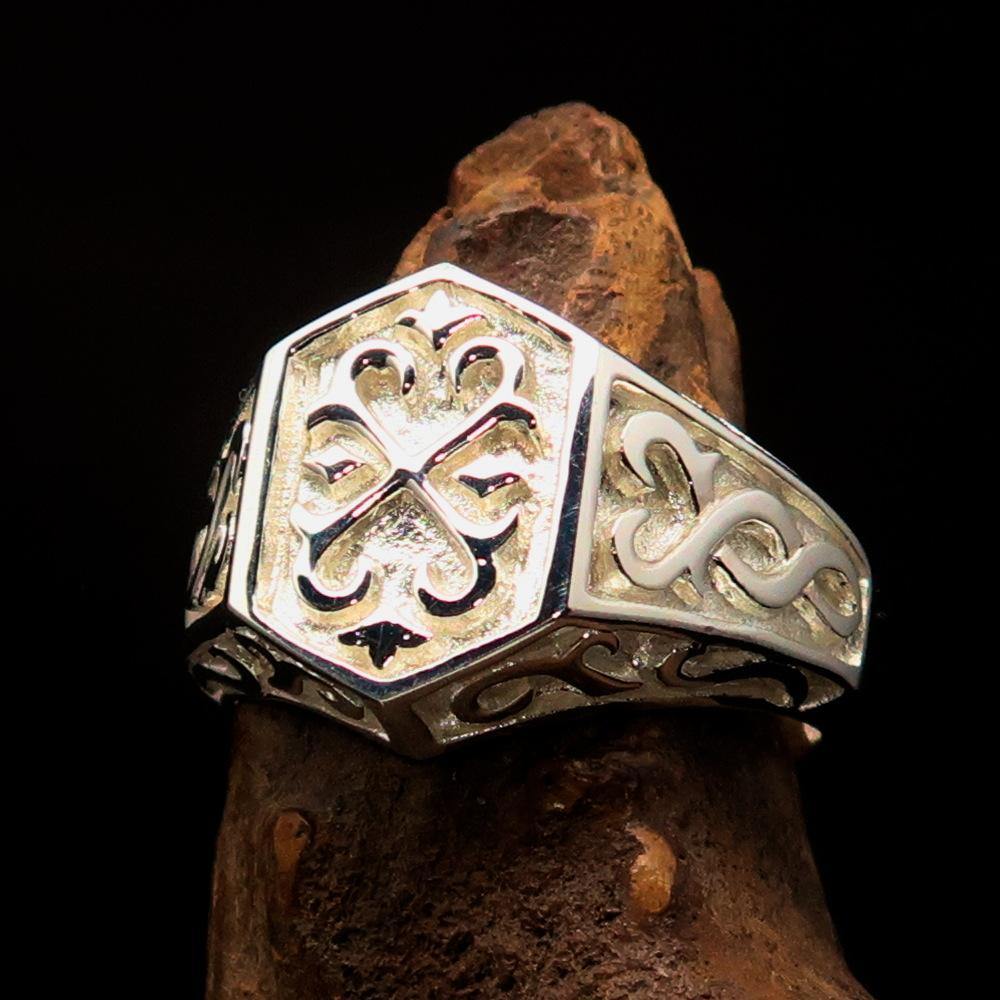 Men's Signet Ring in sterling silver featuring a shiny Oriental Cross design, hallmarked 925, with a mirror polished finish.