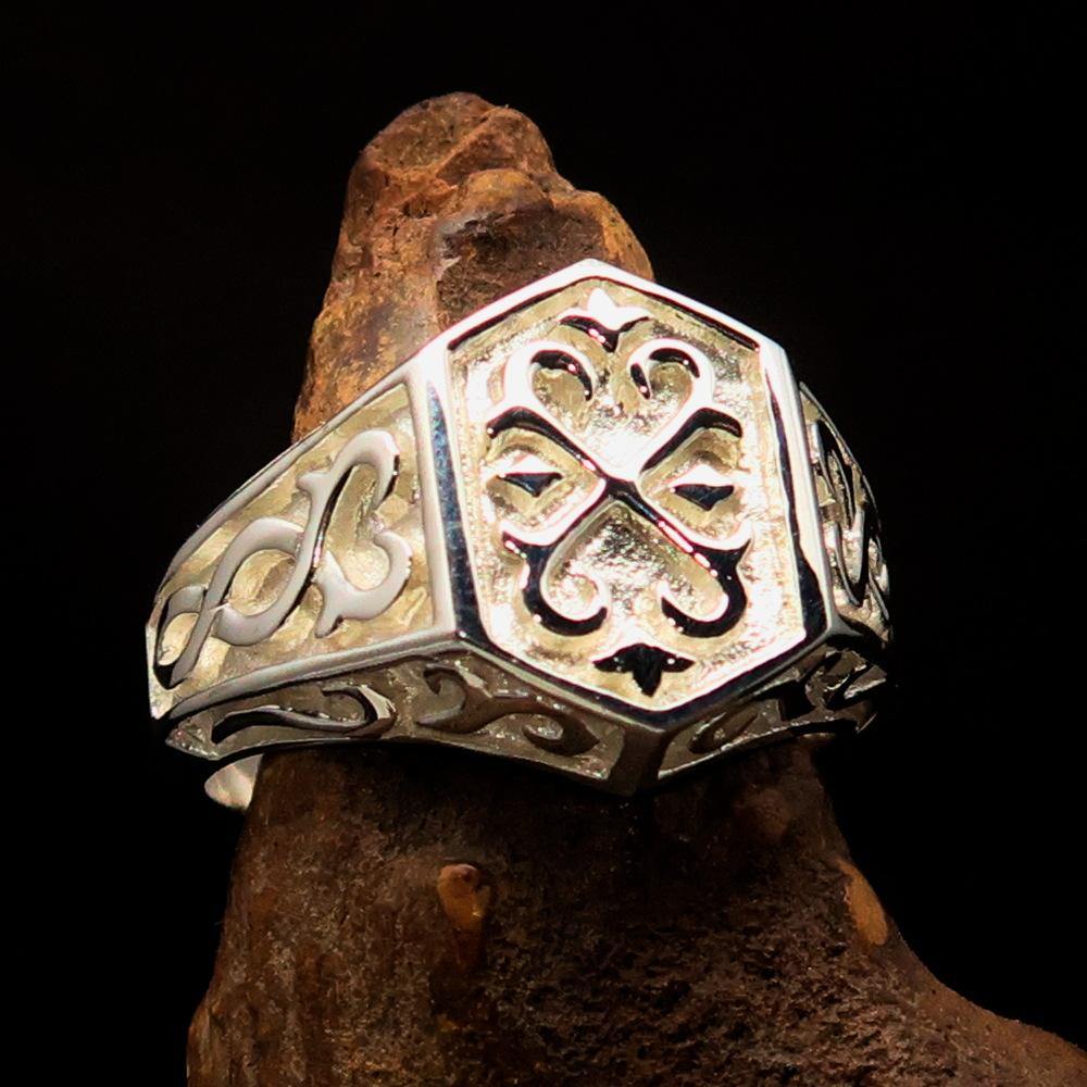 Men's Signet Ring in sterling silver featuring a shiny Oriental Cross design, hallmarked 925, with a mirror polished finish.