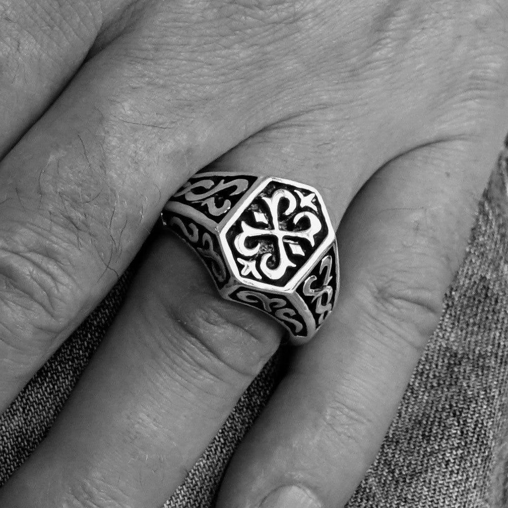 Men's Signet Ring in sterling silver featuring a shiny Oriental Cross design, hallmarked 925, with a mirror polished finish.