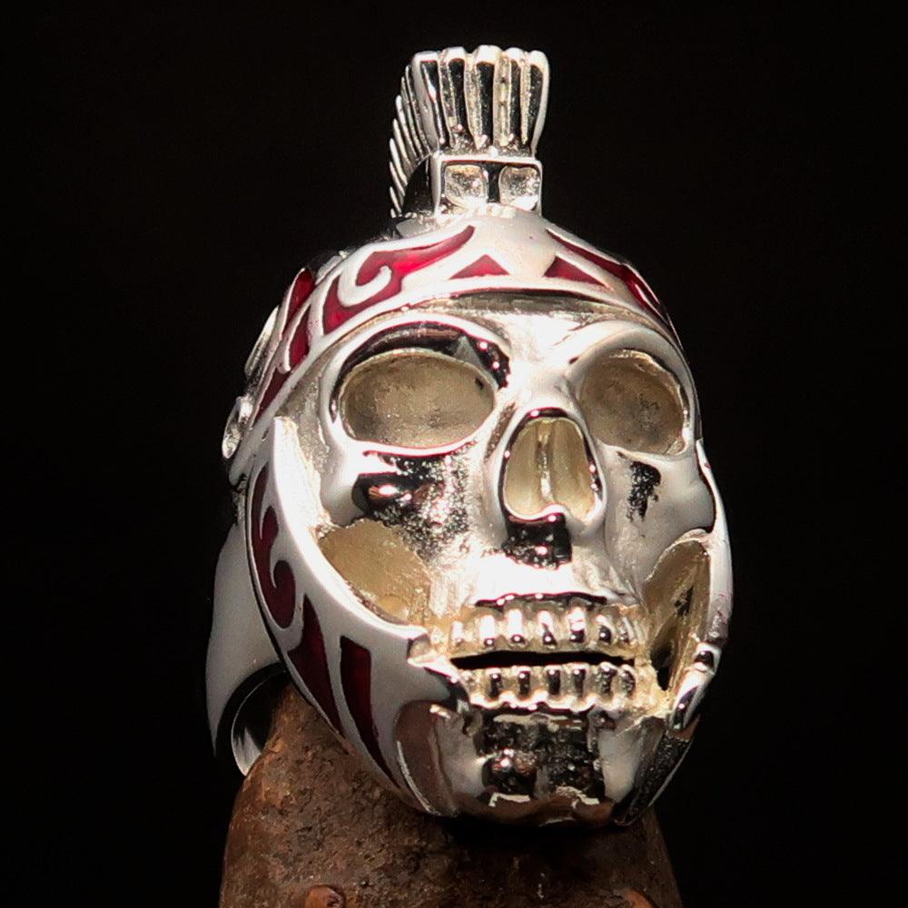 Men's Skull Biker Ring made of solid sterling silver with red enamel accents, featuring a Roman Centurion design.