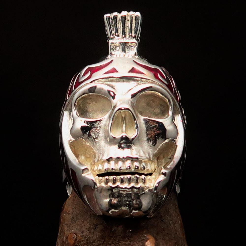 Men's Skull Biker Ring made of solid sterling silver with red enamel accents, featuring a Roman Centurion design.