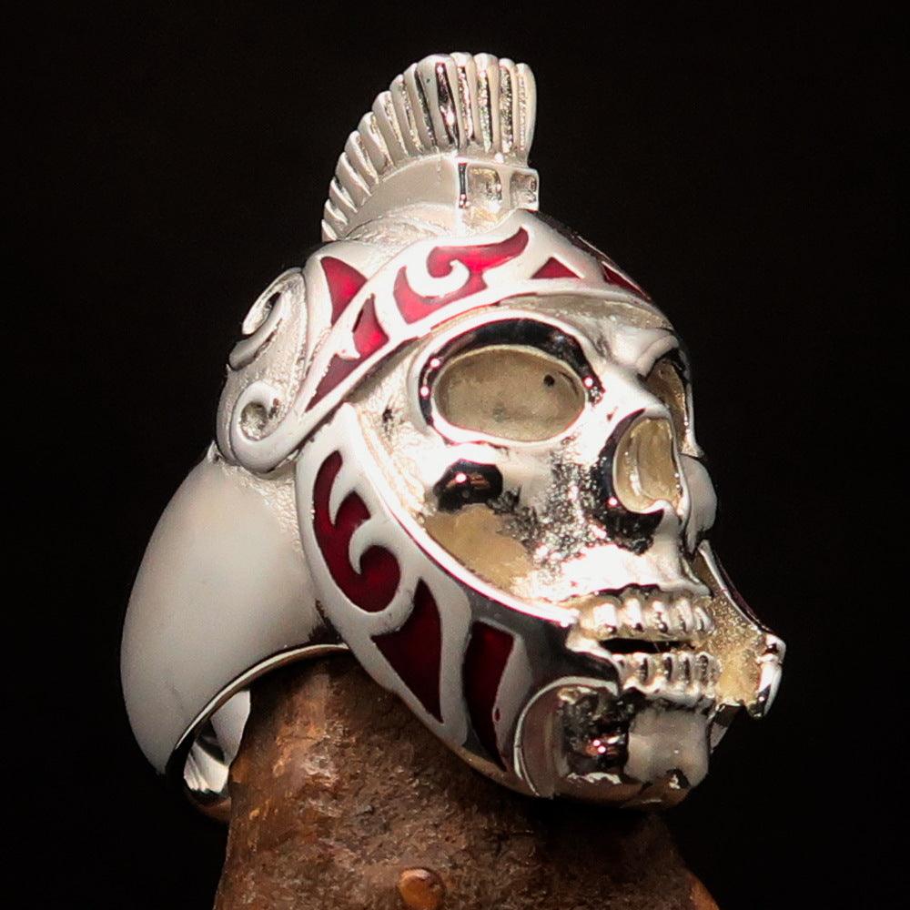 Men's Skull Biker Ring made of solid sterling silver with red enamel accents, featuring a Roman Centurion design.